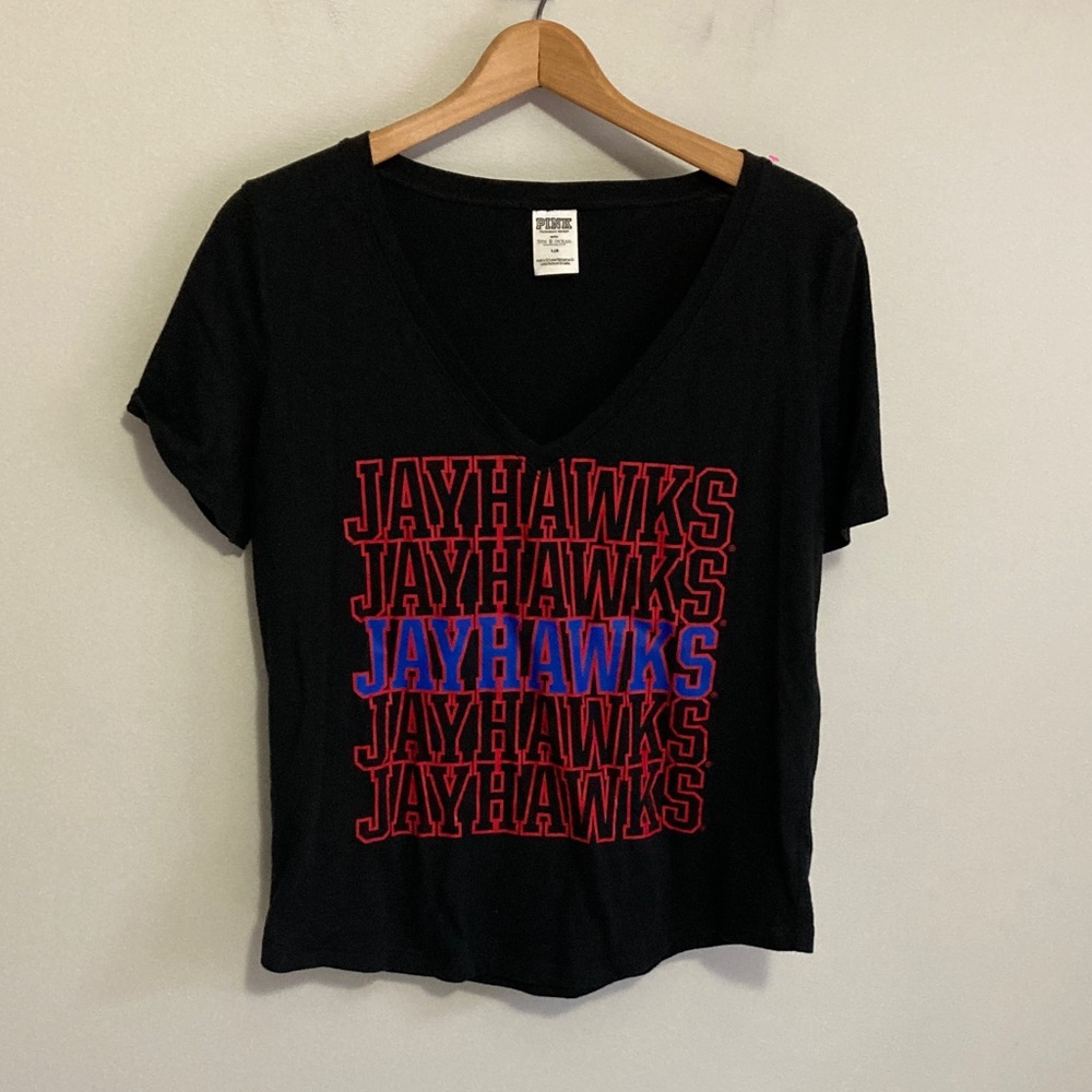 PINK Victoria's Secret Black Tee with Jayhawks Graphic, size large KU Kansas